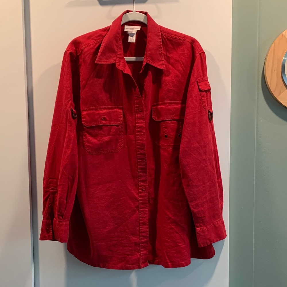 Jones New York, Red Linen Button-Up Shirt